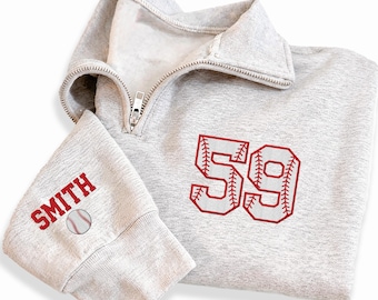 Baseball Mom Embroidered Quarter Zip Sweatshirt, Custom Name Number Baseball Pullover, Personalized Baseball Fan Gift Apparel