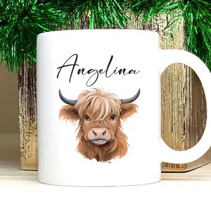 Personalized Cute Highland Cow Mug - Custom Name Coffee Cup for Cow Lover, Unique Highland Cow Gift For Birthday's Christmas Office Coworker