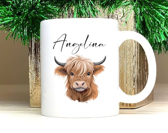 Personalized Cute Highland Cow Mug - Custom Name Coffee Cup for Cow Lover, Unique Highland Cow Gift For Birthday's Christmas Office Coworker