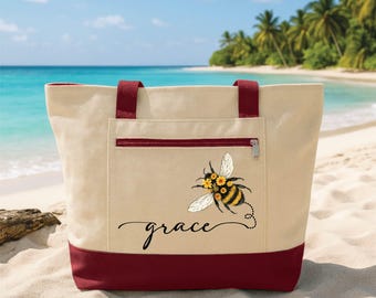 Bee Tote Bag with Zipper, Personalized Name Bag, Cute Honey Bee Floral Tote, Gift for Women, Everyday Work Travel Bag, Custom Bee Gift