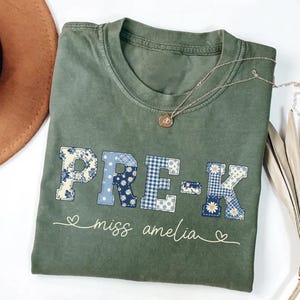 Personalized Pre-K Teacher Shirt, Custom Miss Name Tee, Blue Floral Patchwork Preschool Top, First Day School Outfit, Gift for Teacher