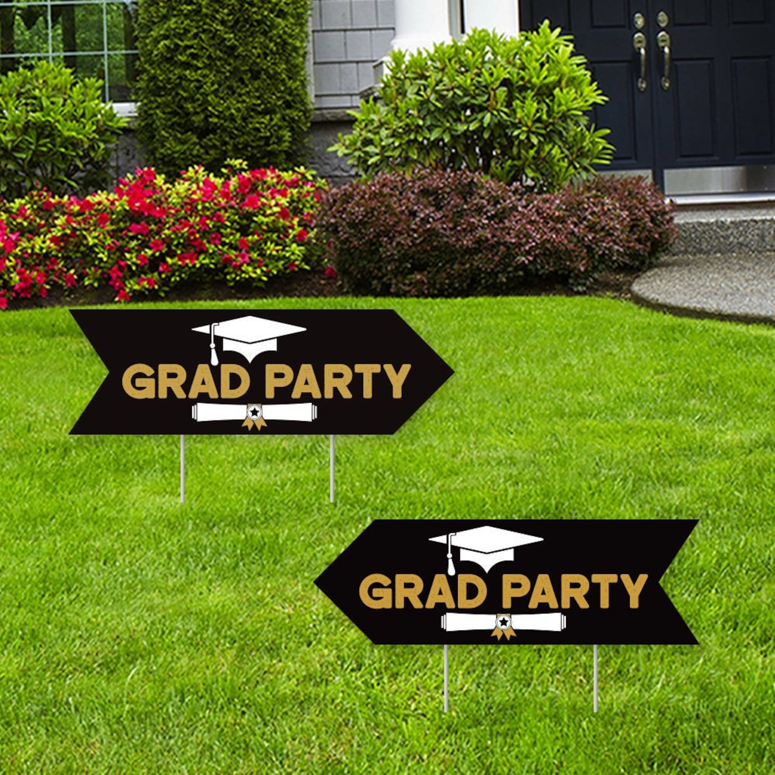 Pack of 2 Graduation Party Yard Signs With Arrows 23 x 75 Coroplast Grad Party Sign With Arrows Directional Yard Signs with Metal Stakes
