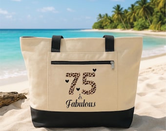 75th Birthday Tote Bag with Zipper, 75 and Fabulous Gift, Funny 75th Birthday Gift for Women, Personalized Birthday Party Tote Bag