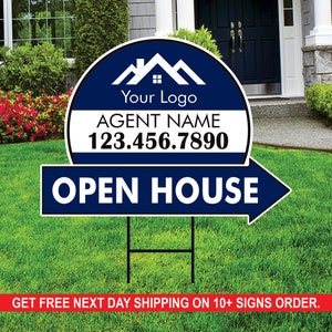 Custom Open House Arrow Yard Sign 18&quot; x 24&quot;, 2 Sided Add Your Text, Logo, Photo Personalized Open House Directional Signs with Metal H-Stake
