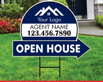 Custom Open House Arrow Yard Sign 18" x 24", 2 Sided Add Your Text, Logo, Photo Personalized Open House Directional Signs with Metal H-Stake