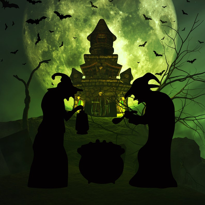May include: Two witches in silhouette stand in front of a spooky, green, moonlit castle. One witch stirs a cauldron with a ladle, while the other holds a lantern. Bats fly in the night sky.