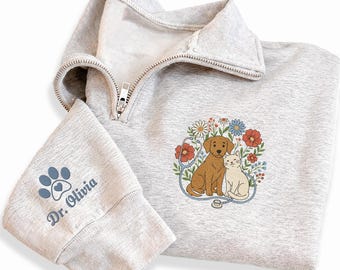 Veterinary Embroidered Quarter Zip Sweatshirt, Personalized Vet Tech Nurse Pullover, Pet Doctor Gift, Animal Lover Workwear Apparel