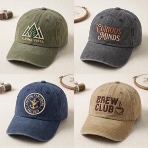 May include: Four baseball caps in olive green, charcoal gray, navy blue, and tan. The olive cap features a mountain and leaf logo with the text ALPINE VISTA. The gray cap says CURIOUS MINDS. The navy cap has a circular COASTAL EXPLORERS EST. 2023 anchor patch. The tan cap displays the text BREW CLUB with a coffee cup icon.