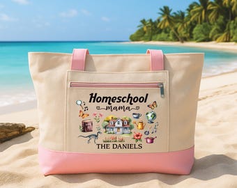 Homeschool Mama Tote Bag with Zipper, Personalized Family Name Bag, Homeschool Mom Gift, Custom Teacher Mom Gift, Work Travel Tote