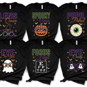 May include: Six black t-shirts featuring Halloween-themed graphics and text. Designs include a witch hat with glasses, a pumpkin with optometry equipment, a large eyeball, a ghost with glasses, an eye chart, and star-shaped ghost glasses.