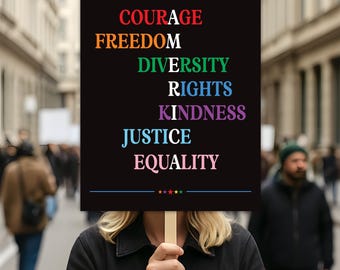 May include: A person holds a black sign with the words "COURAGE, FREEDOM, DIVERSITY, RIGHTS, KINDNESS, JUSTICE, EQUALITY" in colorful text. The sign is held in front of a crowd of people on a city street.