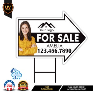 Custom For Sale Arrow Yard Sign 18 x 24, 2 Sided Add Your Text, Logo, Photo Personalized For Sale Directional Signs with Metal H-Stake image 6