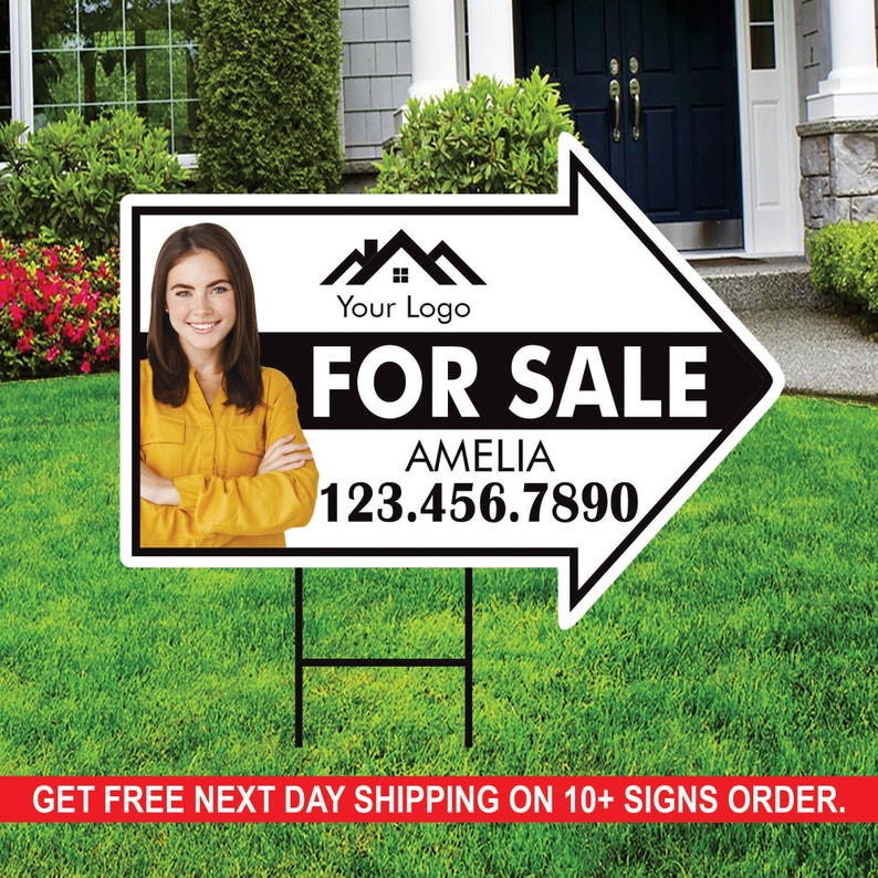 Custom For Sale Arrow Yard Sign 18 x 24, 2 Sided Add Your Text, Logo, Photo Personalized For Sale Directional Signs with Metal H-Stake image 1