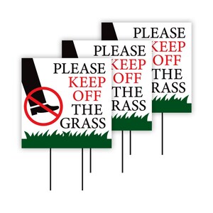 Lot de 3 panneaux « Stay Off Grass Yard » - Texte visible en coroplast - Longue durée - Veuillez garder hors de l'herbe - Panneau avec piquets