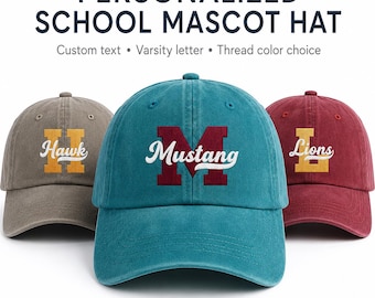 Personalized School Mascot Embroidered Hat, Custom Team Name Letter Cap, Adjustable Cotton Cap, Game Day Gift, Student Spirit Gift
