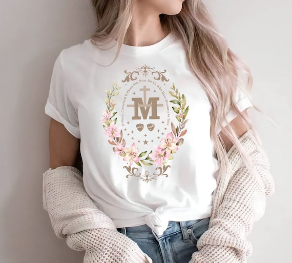 Marian Catholic T-Shirt, Marian Cross Shirt For Women, Floral Religious Shirt, Unisex Virgin Mary Shirt, Marian Shirt, Catholic Friend Gift