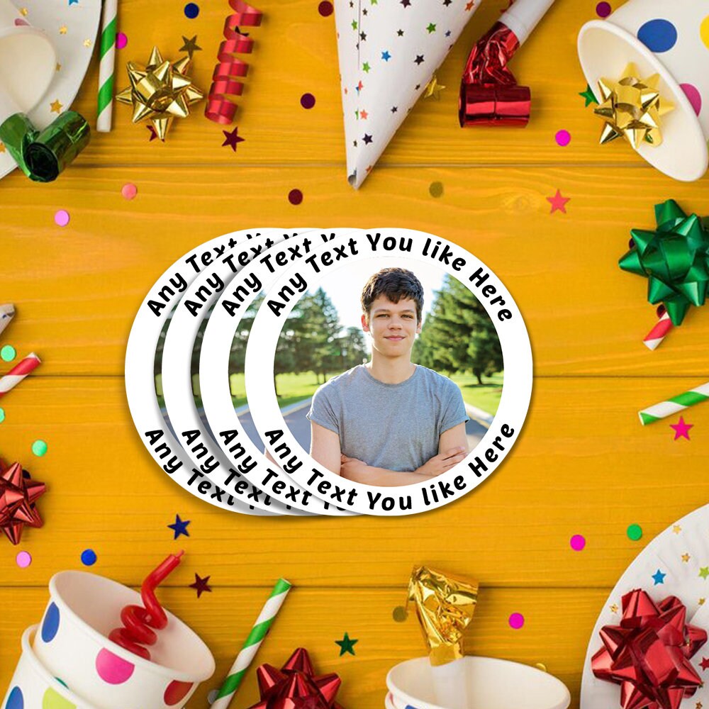 Custom Photo Stickers With Personalized Text - Round Birthday Labels ...