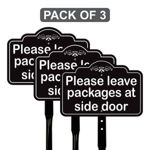 3 Pack Please Leave Packages at Side Door Yard Sign with 16&quot; Stake, Aluminum Delivery Instruction Sign, Outdoor Parcel Drop Off Lawn Sign