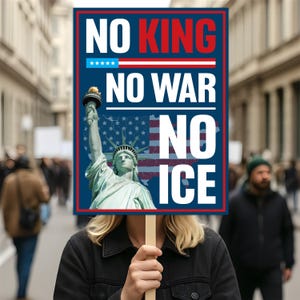 May include: A person holds a sign with the Statue of Liberty and the words "NO KING, NO WAR, NO ICE" in white and red text on a blue background. The sign is held in front of a crowd of people.