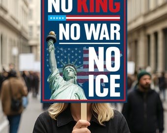May include: A person holds a sign with the Statue of Liberty and the words "NO KING, NO WAR, NO ICE" in white and red text on a blue background. The sign is held in front of a crowd of people.