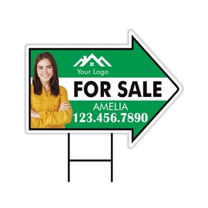 Custom For Sale Arrow Yard Sign 18&quot; x 24&quot;, 2 Sided Add Your Text, Logo, Photo Personalized For Sale Directional Signs with Metal H-Stake