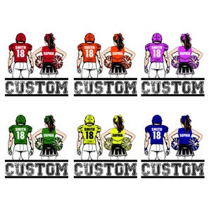 May include: A graphic featuring pairs of football players and cheerleaders in various color combinations. Each football player wears a helmet and jersey with the name "SMITH" and the number "18". The cheerleaders hold pom-poms and have the name "SOPHIA". The word "CUSTOM" is below.