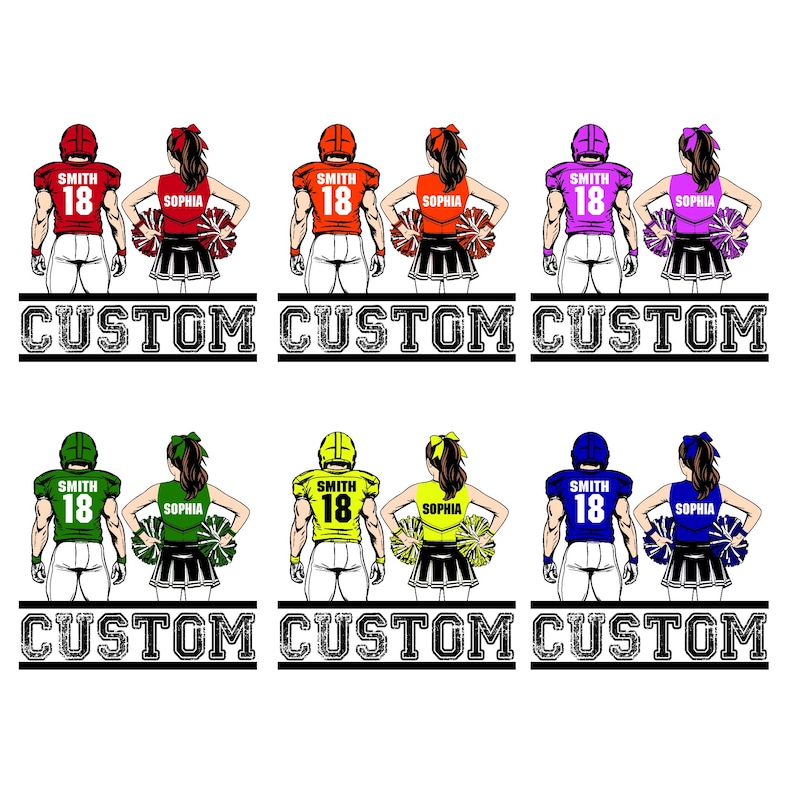 May include: A graphic featuring pairs of football players and cheerleaders in various color combinations. Each football player wears a helmet and jersey with the name "SMITH" and the number "18". The cheerleaders hold pom-poms and have the name "SOPHIA". The word "CUSTOM" is below.