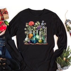 Laboratory Long Sleeve T-Shirt, Chemist Medical Lab Tech Technician Unisex Shirt, Biology Teacher Shirt, Floral Beakers Shirt, Lab Tee Shirt