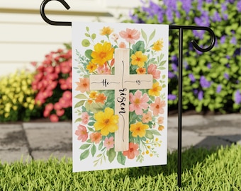 Floral Cross He Is Risen Garden Flag, Christian Easter Yard Sign, Spring Faith Porch Decor, Religious Outdoor Welcome Banner for Home