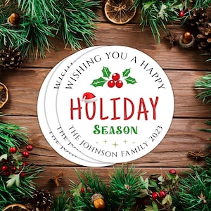 Personalized Happy Holidays Labels, Custom Holiday Stickers, Christmas Gift Labels, Round Christmas Holiday Party Favors, Xmas Gift Stickers