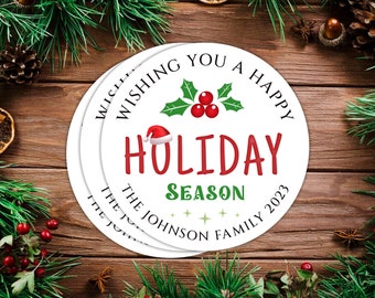 Personalized Happy Holidays Labels, Custom Holiday Stickers, Christmas Gift Labels, Round Christmas Holiday Party Favors, Xmas Gift Stickers