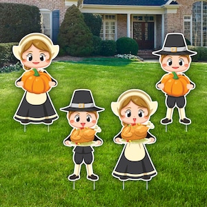Happy Thanksgiving Pilgrims Characters Yard Sign Cutouts, Pilgrim, Thanksgiving Fall Decor, Cutouts, Pilgrims Yard Signs With Metal Stakes