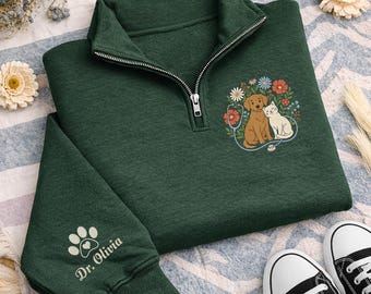 Veterinary Embroidered Quarter Zip Sweatshirt, Personalized Vet Tech Nurse Pullover, Pet Doctor Gift, Animal Lover Workwear Apparel