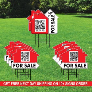 May include: A set of 10 red and white real estate yard signs with a QR code and the text "FOR SALE" and "SCAN ME".