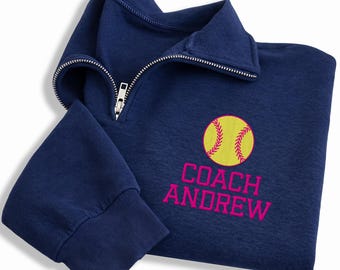 Softball Coach Embroidered Quarter Zip Sweatshirt, Custom Name Coach Pullover, Personalized Softball Team Coach Gift Apparel