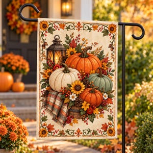 May include: A rectangular garden flag featuring a fall-themed illustration of orange, white, and green pumpkins, a lit lantern, sunflowers, autumn leaves, and a plaid blanket. The design is framed by a decorative border with sunflowers and foliage.