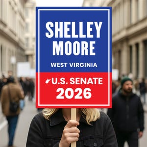 May include: A sign held by a person with the text "Shelley Moore West Virginia U.S. Senate 2026" in white letters on a blue and red background. The sign is held in front of a crowd of people.