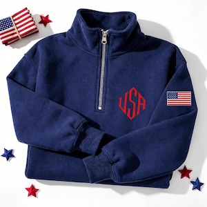 USA Monogram Embroidered Quarter Zip Sweatshirt, Patriotic American Flag Pullover, Custom USA Initial Quarter Zip, USA Pride Gift