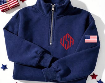 USA Monogram Embroidered Quarter Zip Sweatshirt, Patriotic American Flag Pullover, Custom USA Initial Quarter Zip, USA Pride Gift