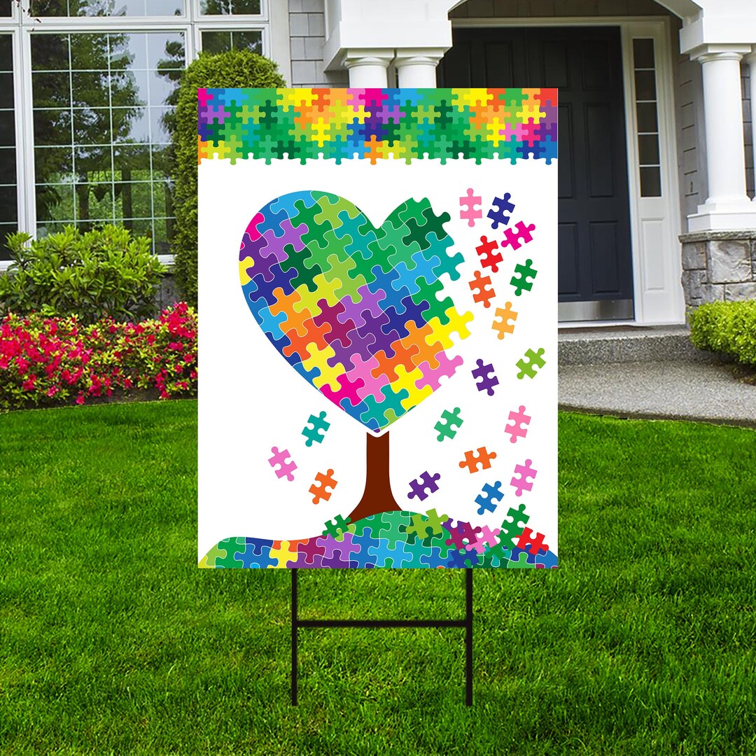 Autism Awareness Yard Sign Coroplast Love Needs No Words, Puzzle Piece