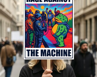 May include: A protest sign with the words "RAGE AGAINST THE MACHINE" in bold white letters. The sign features a colorful illustration of a frog and figures in a protest scene. The sign is held up in a crowd of people.