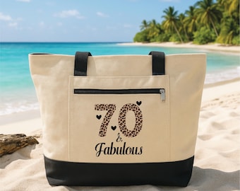70th Birthday Tote Bag with Zipper, 70 and Fabulous Gift, Funny 70th Birthday Gift for Women, Personalized Birthday Party Tote Bag
