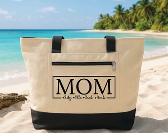 Mom Tote Bag with Zipper, Personalized Kids Names Bag, Custom Mother Gift, Mother's Day Gift, Family Names Tote, Everyday Travel Work Bag