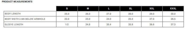 May include: Size chart for a garment with measurements in inches for body length, body width, and sleeve length. Sizes include S, M, L, XL, XXL, and XXXL.