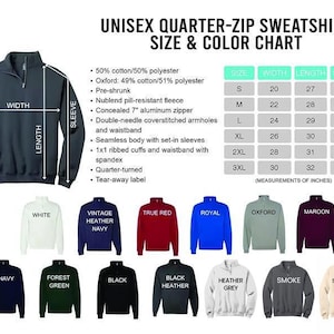 May include: A navy blue unisex quarter-zip sweatshirt with a concealed 7-inch zipper. The size and color chart shows various colors, including white, red, and gray. Measurements are in inches.