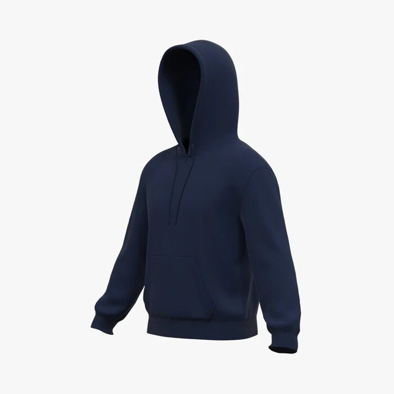 May include: A navy blue hooded sweatshirt with a kangaroo pocket.