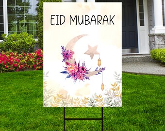 Eid Mubarak Yard Sign, Coroplast Moon Lanterns Decor, Religious Muslim Islamic Eid Day Decorations, Eid Mubarak Yard Sign with Metal H-Stake