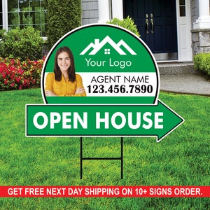 Custom Open House Arrow Yard Sign 18&quot; x 24&quot;, 2 Sided Add Your Text, Logo, Photo Personalized Open House Directional Signs with Metal H-Stake
