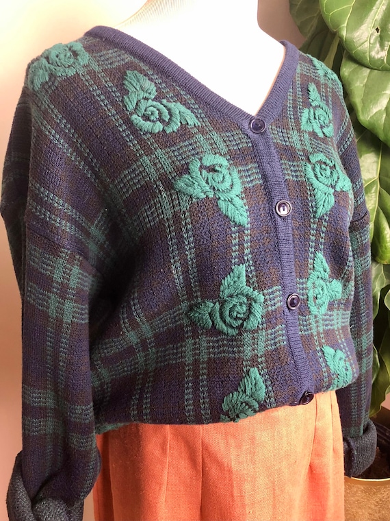 plaid floral embroidered cardigan