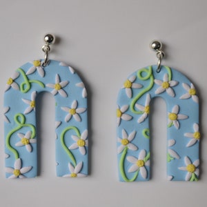 Blue Arches with Daisies Dangle Earrings *handmade with polymer clay*